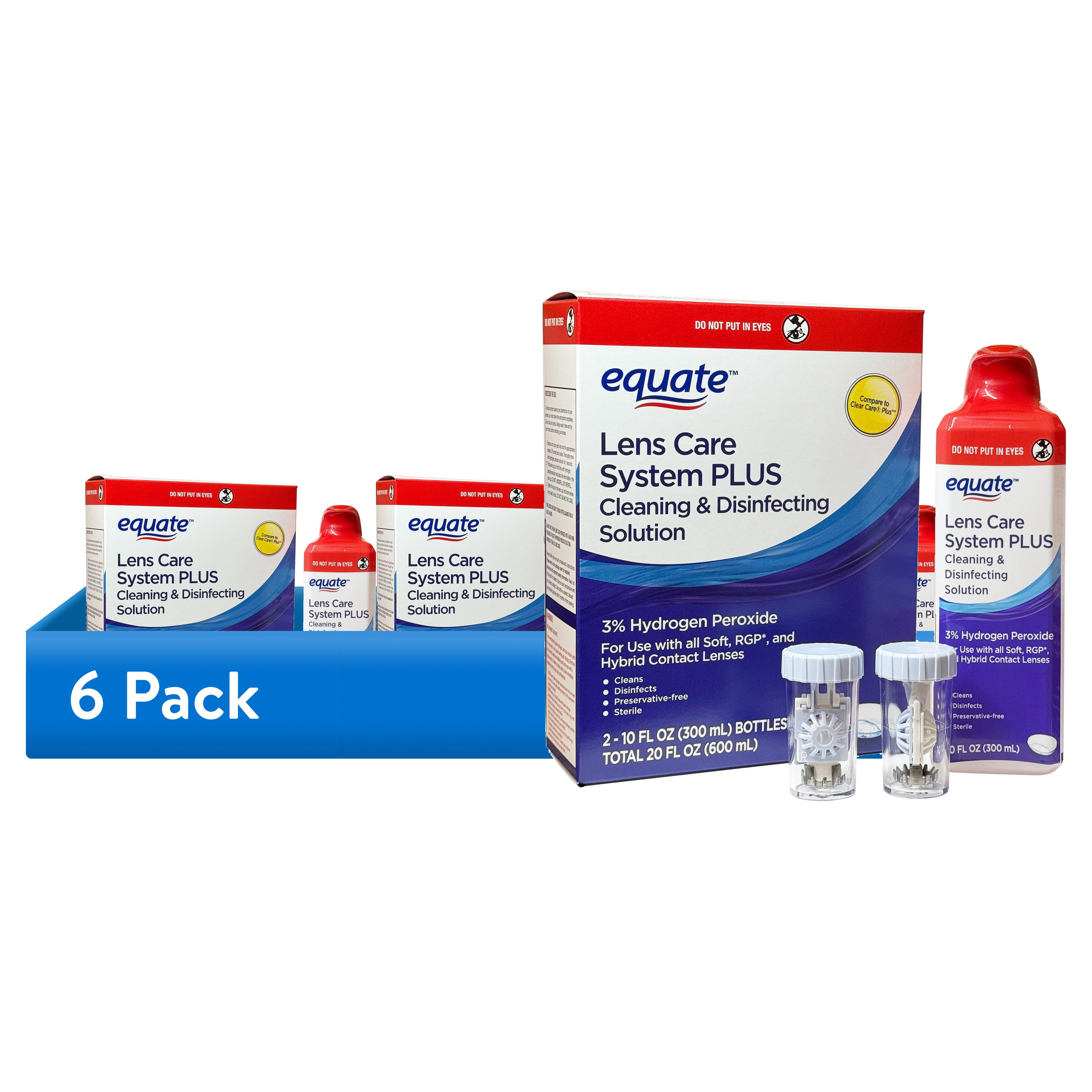 (6 pack) Equate 3% Hydrogen Peroxide Cleaning & Disinfecting PLUS Lens Care System, 10 fl oz x 2 TWIN
