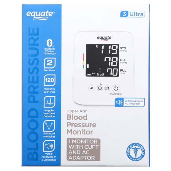 Equate 3 Ulta Automatic Digital Upper Arm Talking Wireless Blood Pressure Monitor with Large Cuff - 8010BLEWM