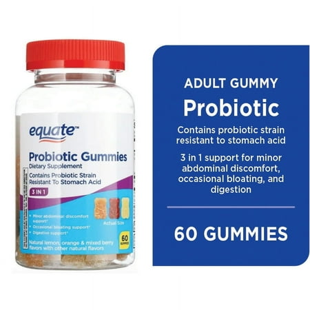 Equate 3-in-1 Daily Dietary Supplement Probiotic Gummies, Natural Fruit Flavors, 60 Count