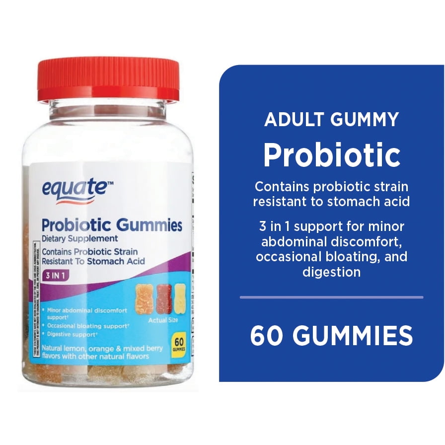 Equate 3-in-1 Daily Probiotic Dietary Supplement Gummies, Natural Fruit Flavors, 60 Count - Unisex