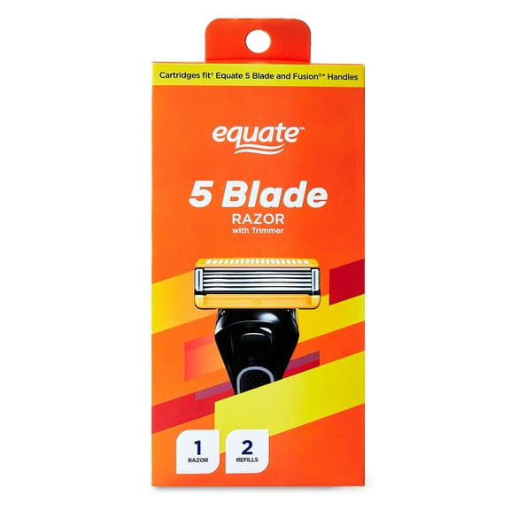 Equate Men's 5 Blade Razor with Trimmer, Cartridges Fit Equate 5 Blade & Gillette Fusion Handles (1 Razor Handle, 2 Cartridges)