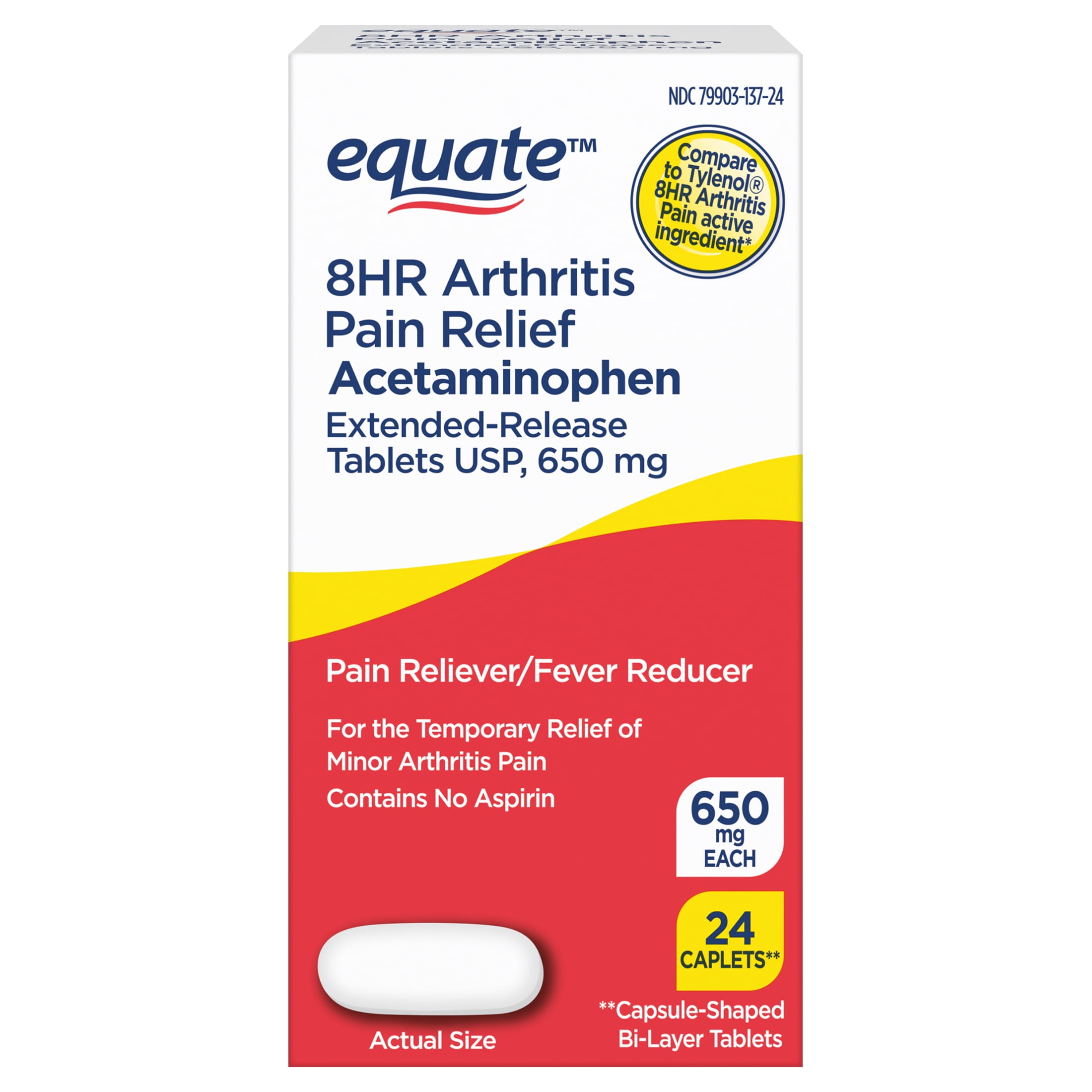 Equate Acetaminophen Extended Release Tablets, 650 mg, 8 Hour Arthritis Pain Relief, 24 Count