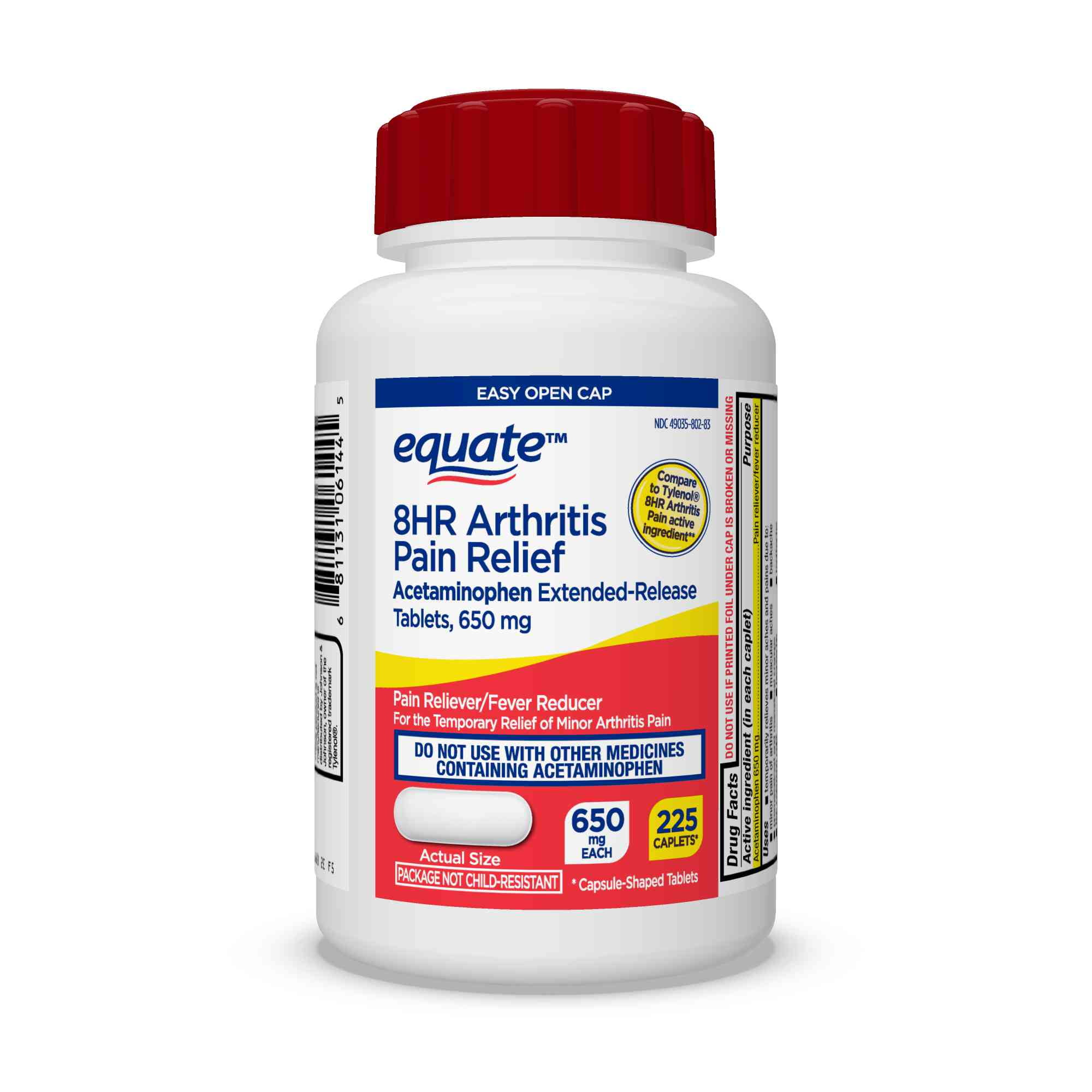 Equate Acetaminophen ExtendedRelease Tablets, 650 mg, Pain Reliever/Fever Reducer, 225 Caplets
