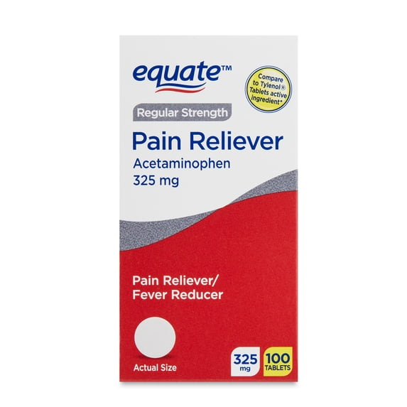 Equate Regular Strength Pain Reliever Acetaminophen Tablets, 325mg, Pain Reliever/Fever Reducer, 100 Count, Compare to Tylenol® Tablets Active Ingredient
