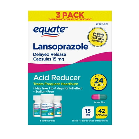 Equate Acid Reducer Lansoprazole Delayed Release Capsules, 15 mg, 42 Ct, 3 Pk - Treats Frequent Heartburn
