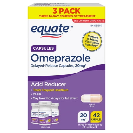 Equate Omeprazole Delayed-Release Acid Reducer Capsules, 20 mg, 42 Count