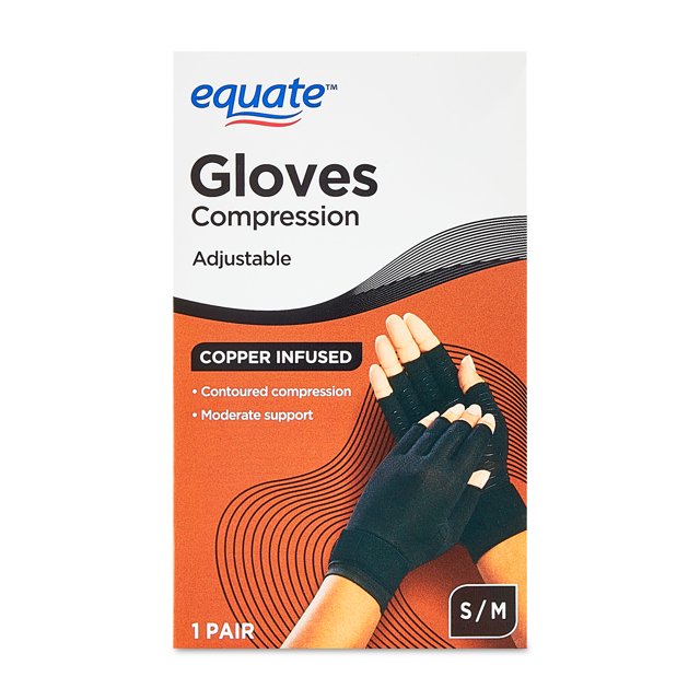 Equate Adjustable Copper Infused Compression Gloves, Black, Small