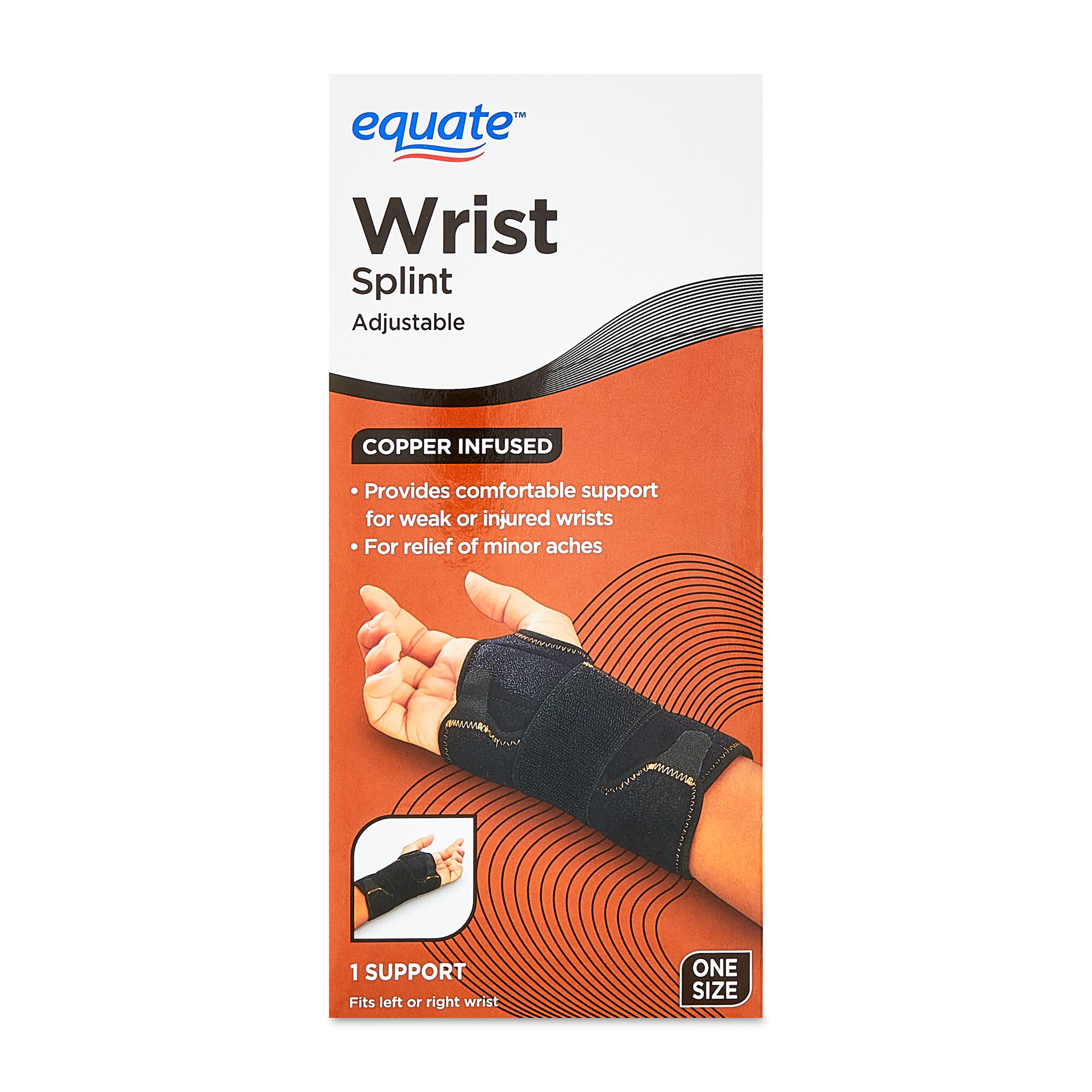 Equate Adjustable Copper Infused Wrist Splint Support, Black, One Size, Fits  Left or Right 