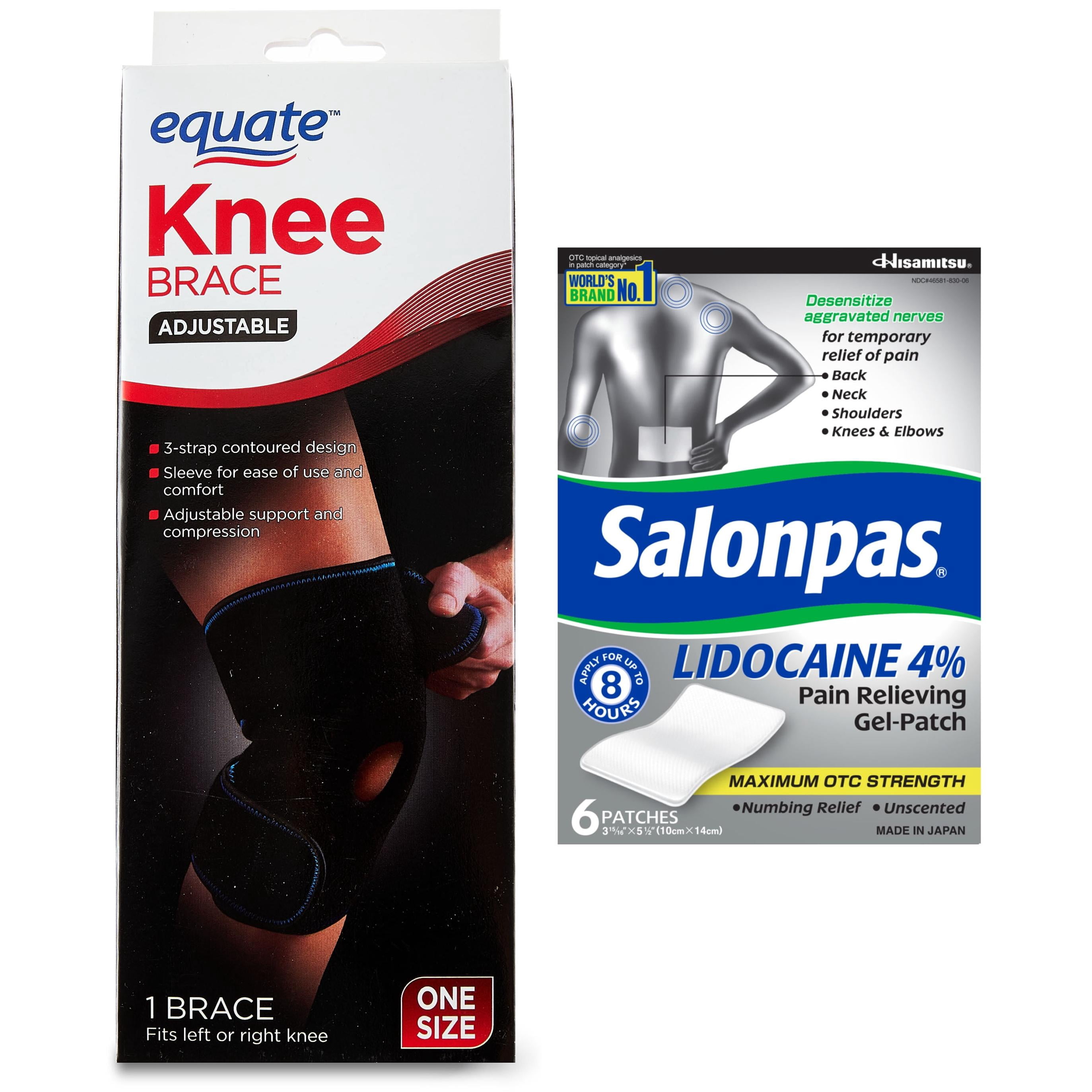 Equate Adjustable Knee Brace and Salonpas Lidocaine Pain Relieving Gel-Patch Bundle