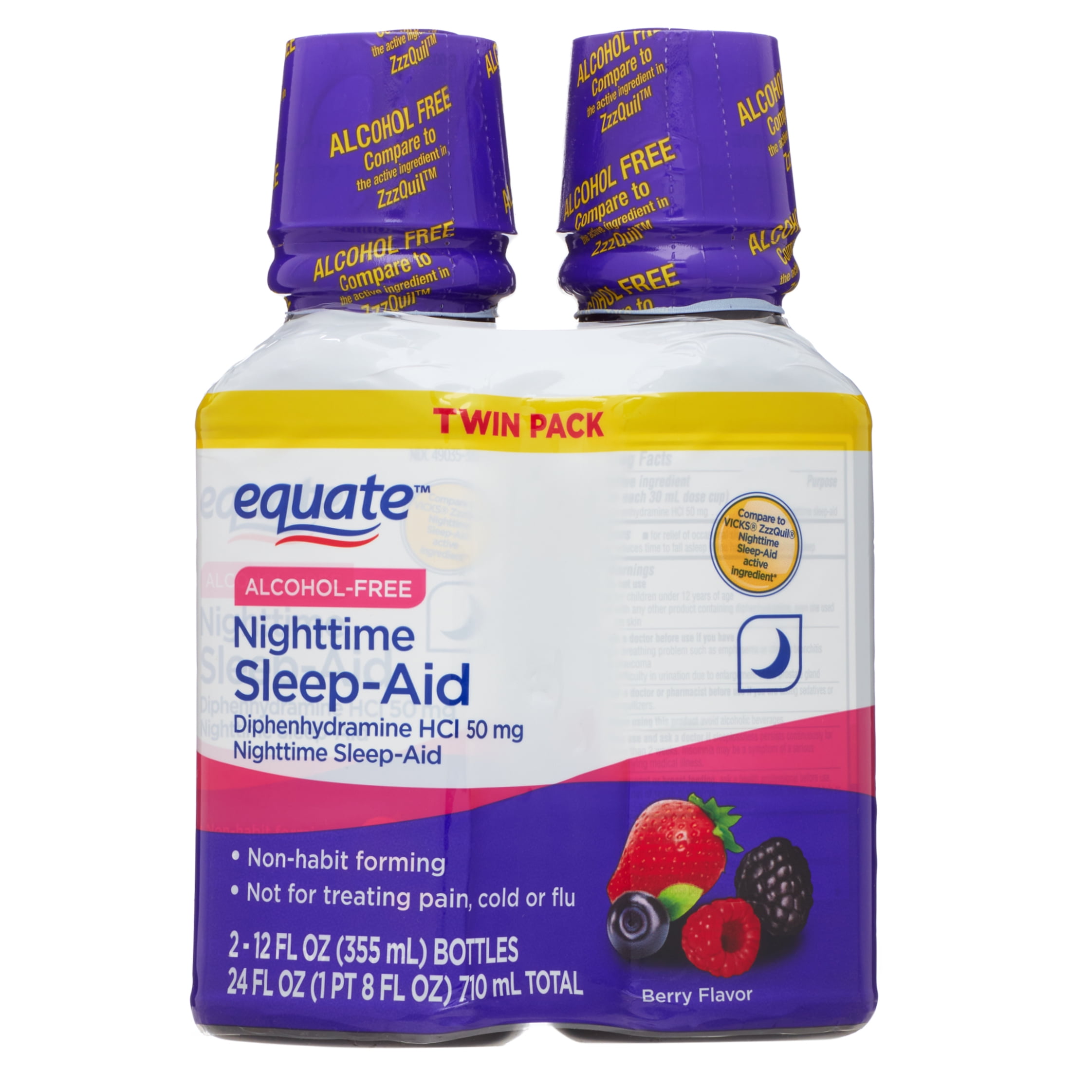 Equate AlcoholFree Diphenhydramine Nighttime Sleep Aid, Berry Flavor, 50 mg, Twin Pack