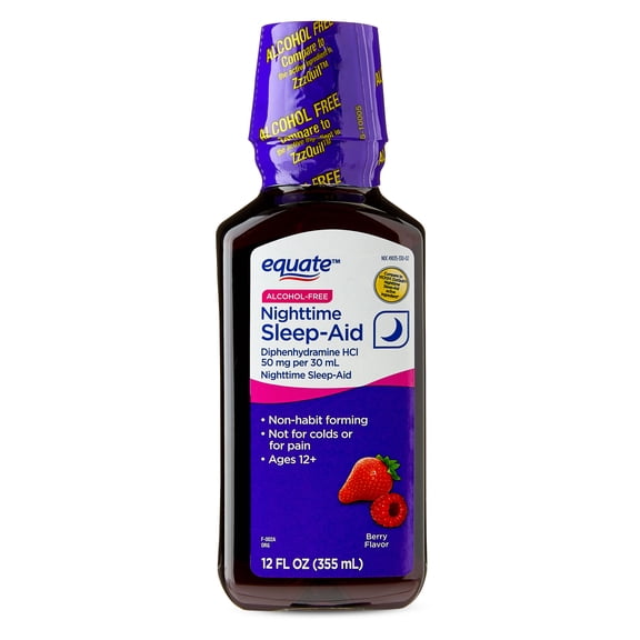 Equate Alcohol-Free Nighttime Sleep Aid Diphenhydramine 50 mg Liquid, Berry Flavor,12 fl oz , Compare to VICKS® ZzzQuil ®Nighttime Sleep-Aid Active Ingredient