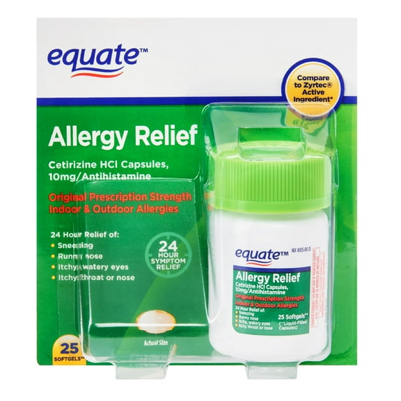 Equate All-Day Allergy Relief Cetirizine Soft gels, 10 mg Antihistamine, 25 Count