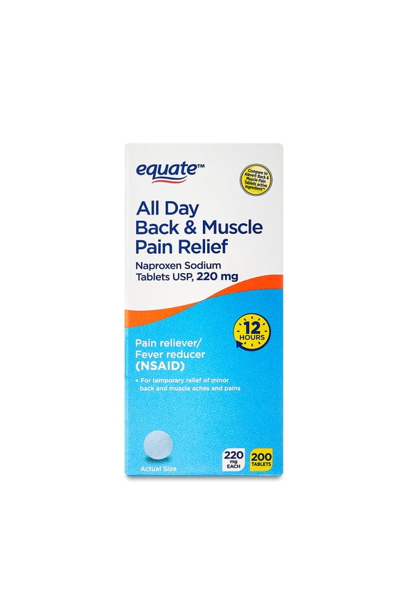 All Day Back & Muscle Pain Relief Naproxen Sodium Tablets, 220mg, 200 Count, Compare to Aleve Back and Muscle Pain Tablets Active Ingredient