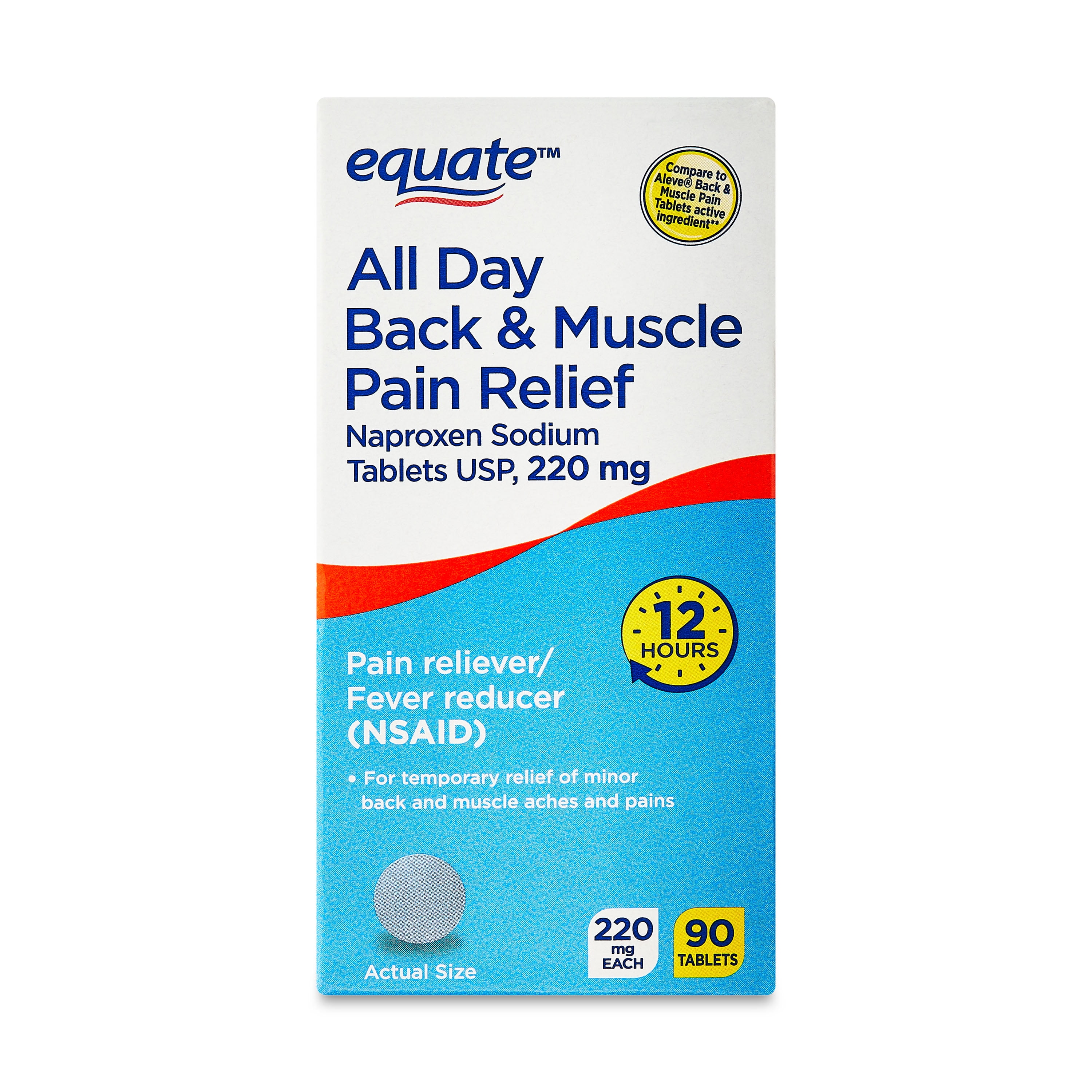 Equate All Day Back & Muscle Pain Relief Naproxen Sodium Tablets, 220mg, 90 Count, Compare to Aleve Back and Muscle Pain Tablets Active Ingredient