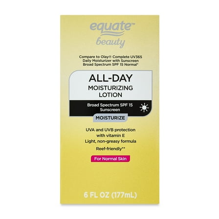 Equate All Day Moisturizing Lotion with SPF 15 Sunscreen for Face Care of Normal Skin, 6 fl oz, Compare to Olay® Complete UV365 Daily Moisturizer with Sunscreen Broad Spectrum SPF 15 Normal