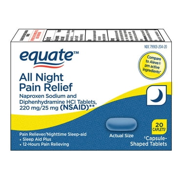 Equate All Night Pain Relief Naproxen Sodium & Diphenhydramine HCI Caplets, 220mg/25mg, 20 Count, Compare to Aleve® pm Active Ingredients