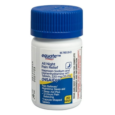 Equate All Night PM Pain Relief Naproxen Sodium 220mg and Diphenhydramine HCI 25mg Caplets, 20 Count, Compare to Aleve PM Active Ingredients