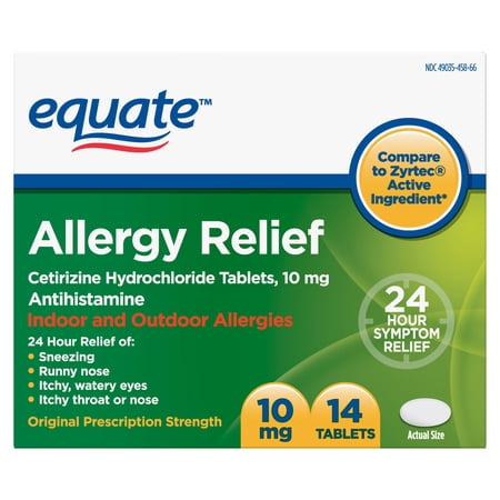 Equate Gluten-Free Cetirizine Allergy Medicine Tablets for Allergy with 14 Tablets 24 hour