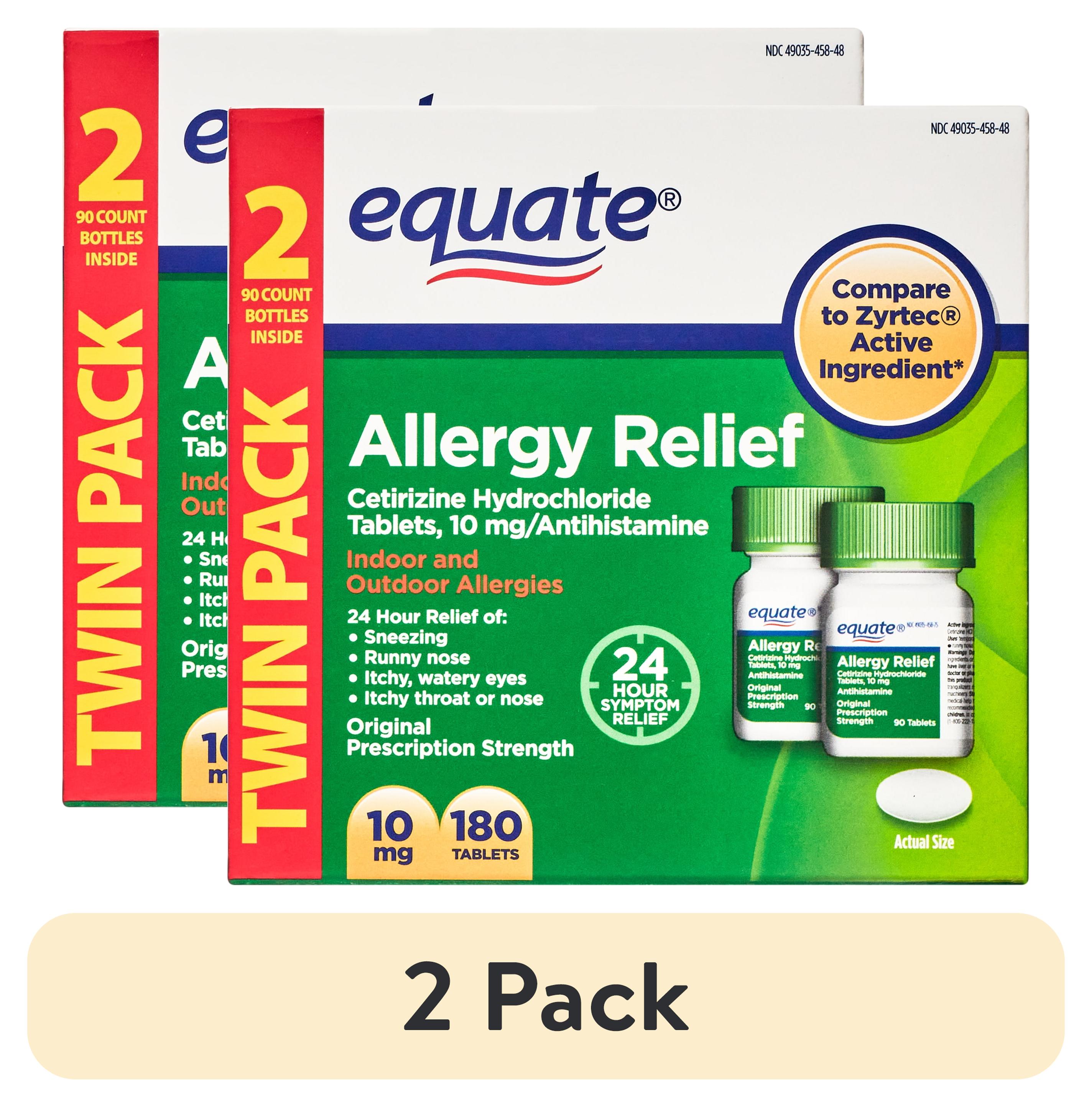 (2 pack) Equate Allergy Relief, Cetirizine Hydrochloride Tablets, 10 mg