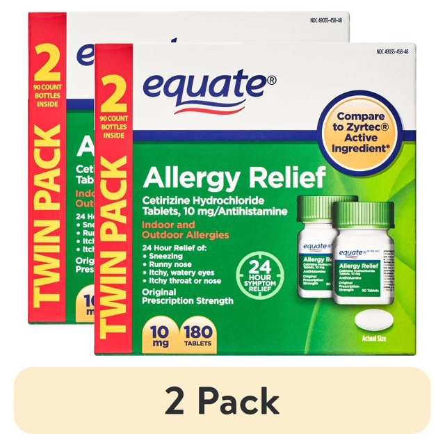 (2 pack) Equate Allergy Relief, Cetirizine Hydrochloride Tablets, 10 mg
