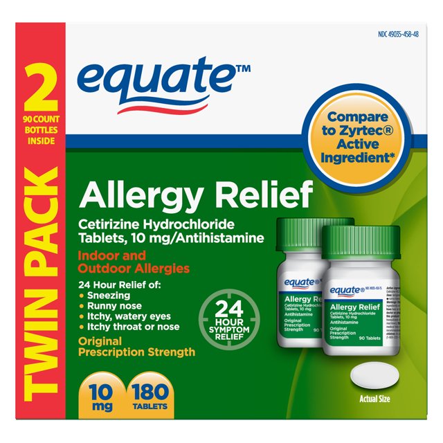 Equate Allergy Relief, Cetirizine Hydrochloride Tablets, 10 mg, 90