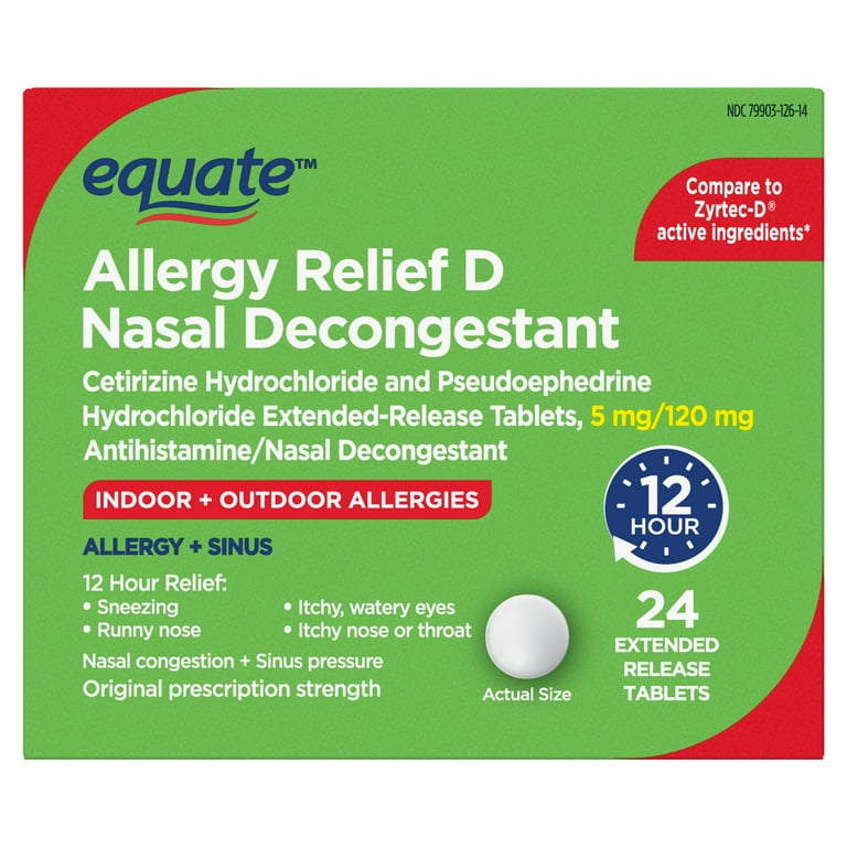 All Day Allergy D Cetirizine Hydrochloride and Pseudoephedrine Hydrochloride Extended Release Tablets 5 mg 120 mg 24 Count Walmart