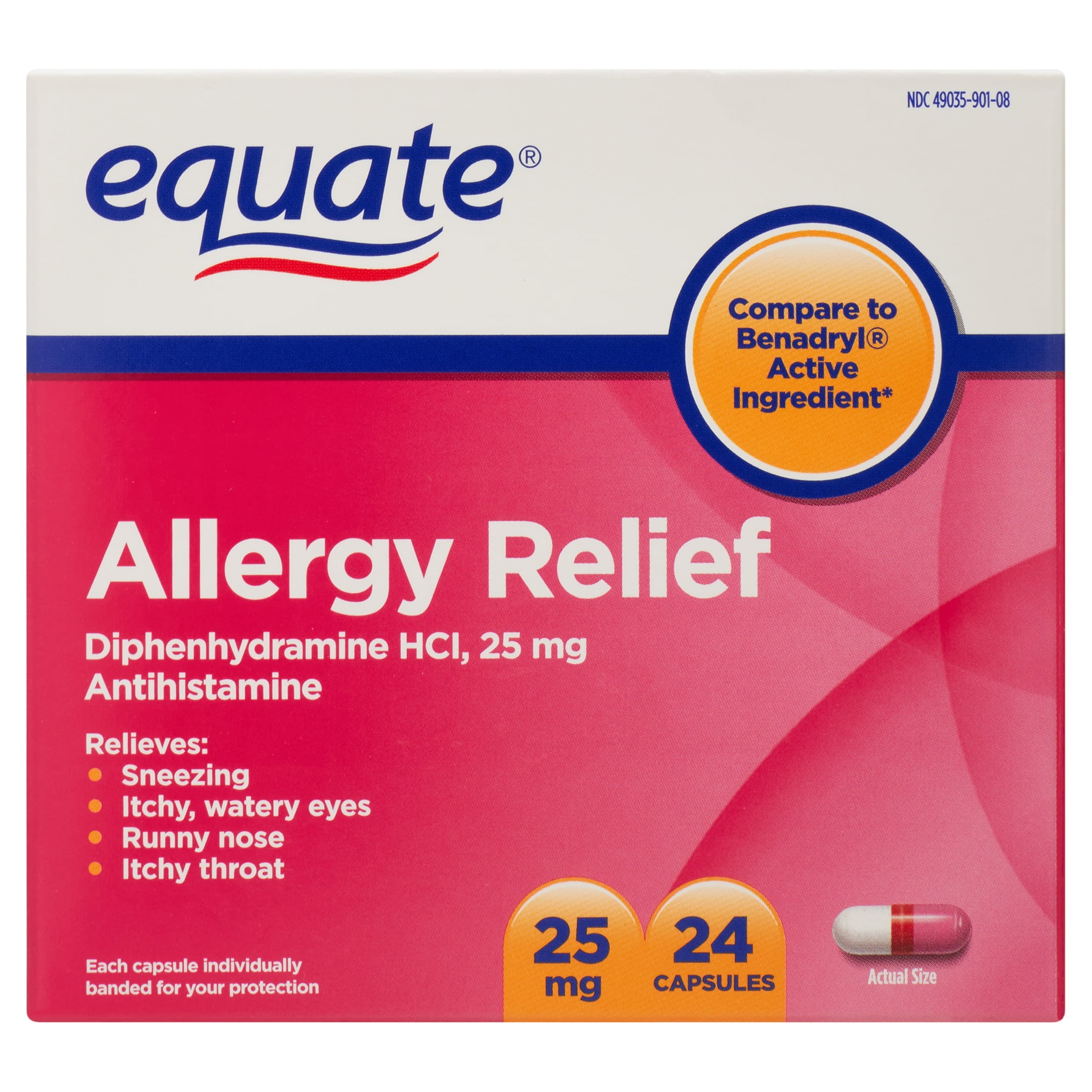 Equate Allergy Relief Diphenhydramine HCl 25mg Antihistamine Capsules, 24 Count, Compare to Benadryl® Active Ingredient