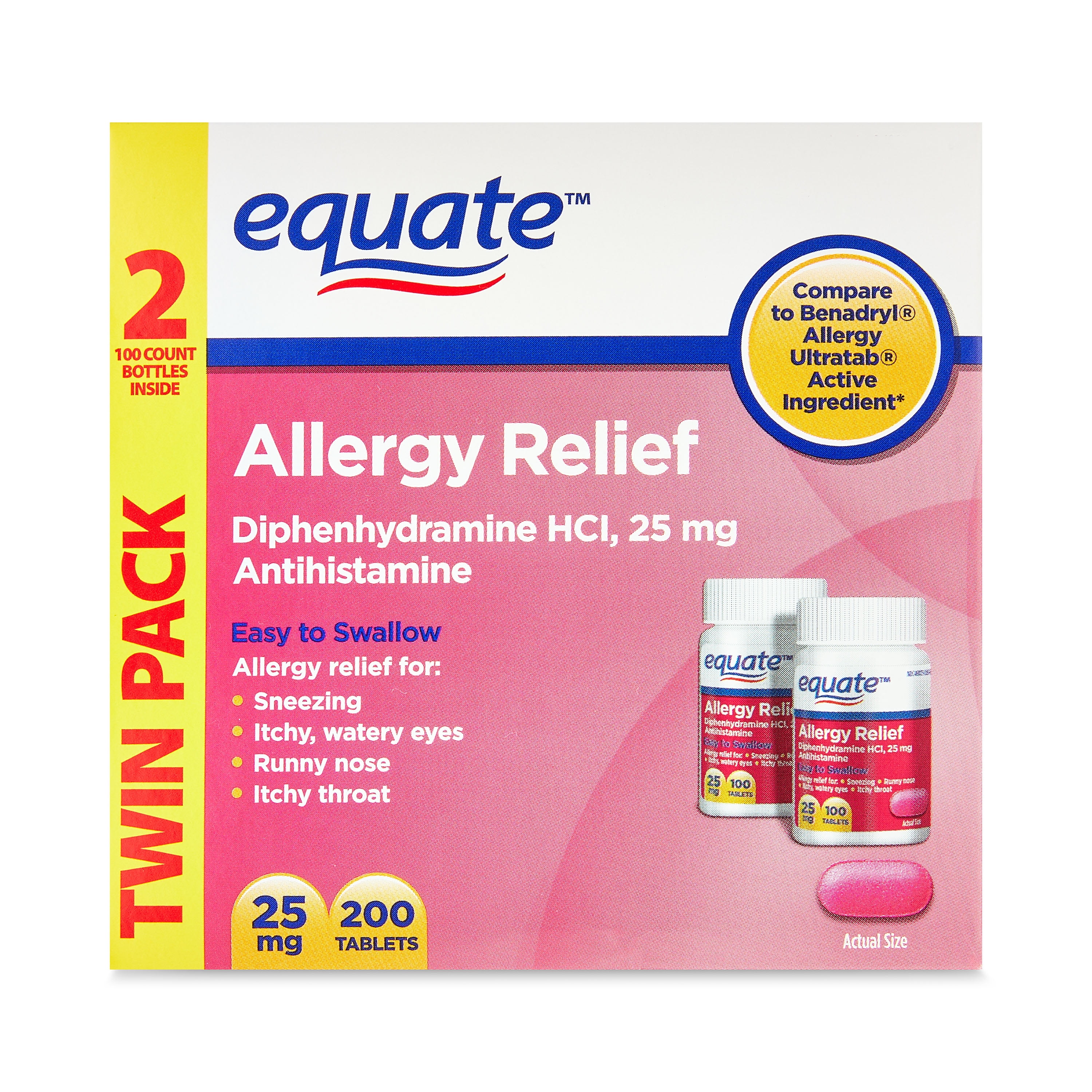 Equate Allergy Relief Diphenhydramine Tablets 25mg, 2x100 Count