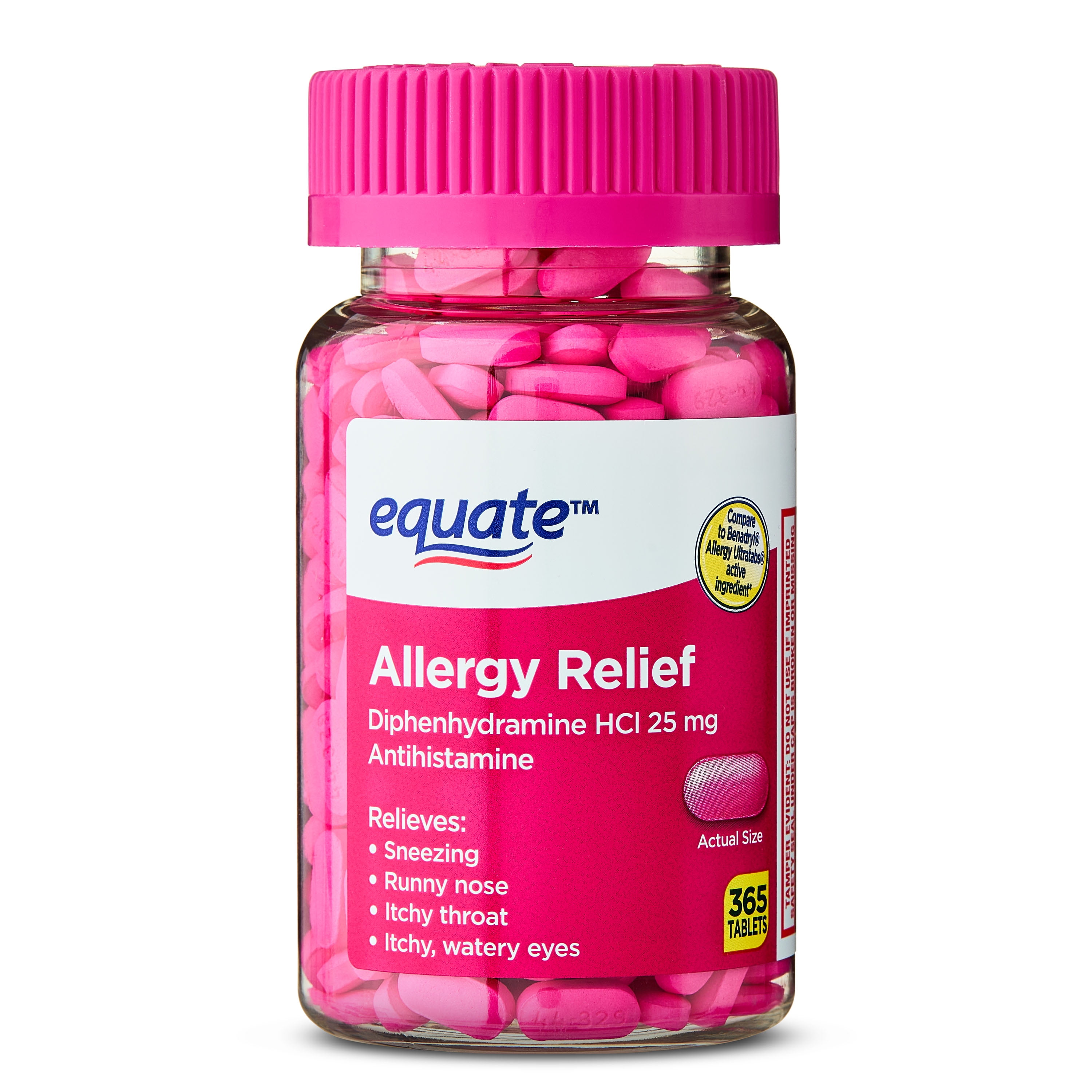 Equate Allergy Relief Diphenhydramine HCl 25 mg Antihistamine Tablets, 365 Count, Compare to Benadryl Allergy Ultra tab Active Ingredient