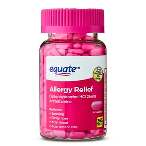 Equate Alivio de Alergias con Difenhidramina HCl 25 mg, Tabletas Antihistamínicas, 365 Unidades, Comparar con Benadryl® Allergy Ultra tab® Ingrediente Activo