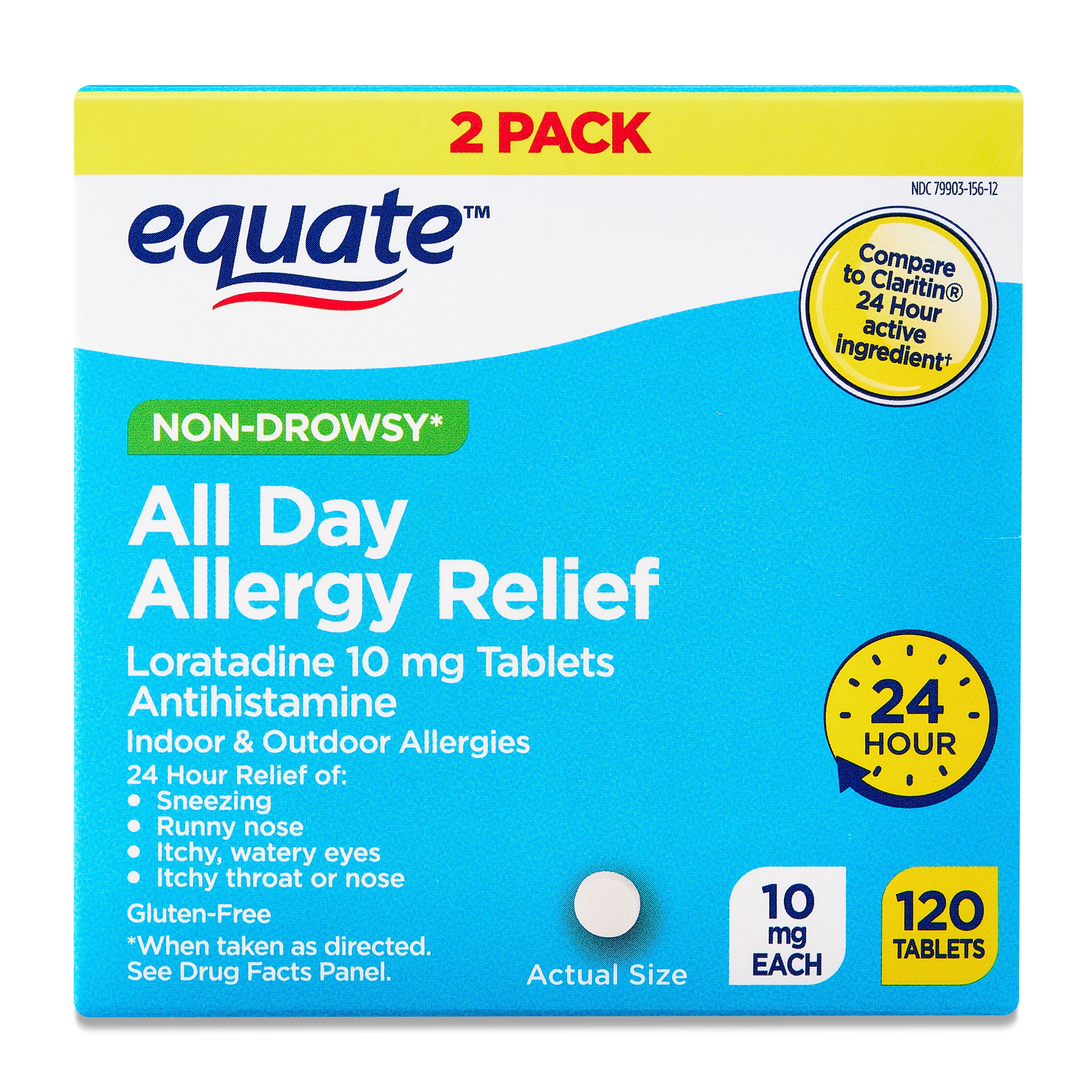 Equate Non-Drowsy All Day Allergy Relief Loratadine 10 mg Tablets Antihistamine, 120 Count (2x60 Count), Compare to Claritin 24 Hour Active Ingredient