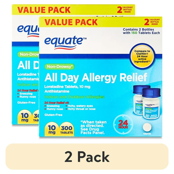 (2 pack) Equate Non-Drowsy All Day Allergy Relief Loratadine 10 mg Tablets Antihistamine, 300 Count, Compare to Claritin® 24 Hour Active Ingredient