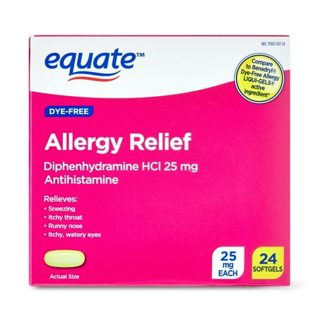 Equate Allergy Relief Diphenhydramine HCl 25mg Antihistamine Softgels, 24 Count, Compare to Benadryl® Allergy Ultratab® Active Ingredient