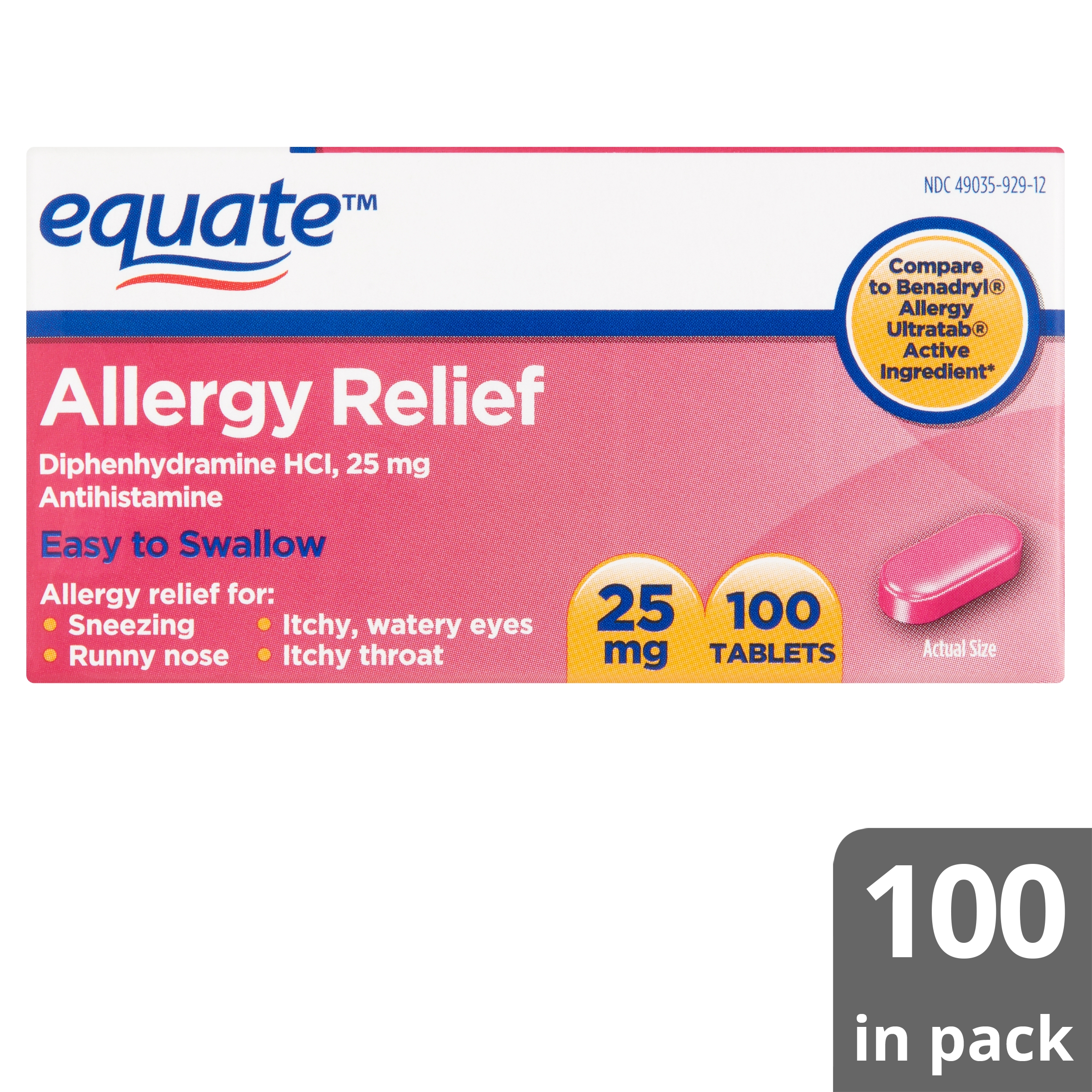 Equate Allergy Relief Tablets, 25 mg, 100 Count - image 1 of 7