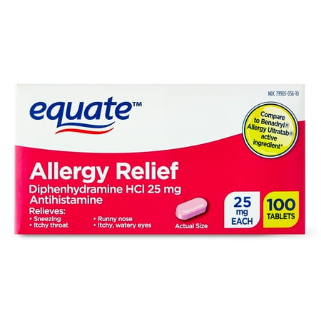 Equate Allergy Relief Diphenhydramine HCl 25 mg Antihistamine Tablets, 100 Count, Compare to Benadryl® Allergy Ultratabs® Active Ingredient