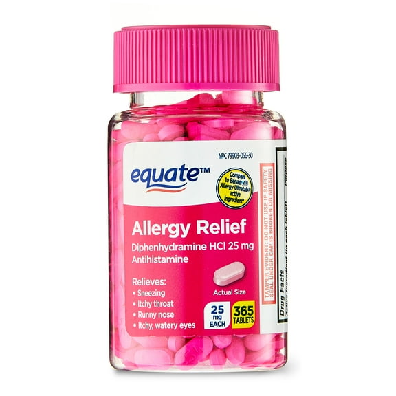 Equate Allergy Relief Tablets with Diphenhydramine Hcl 25mg Antihistamine, 365 Count