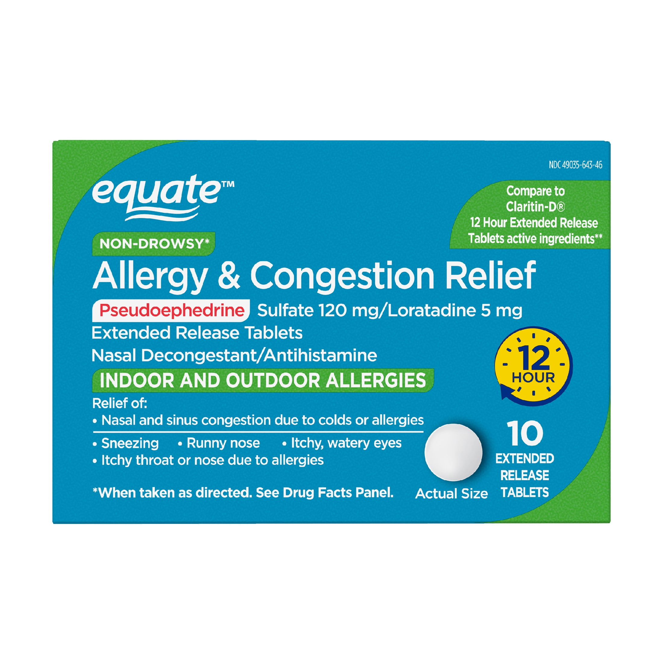 Equate Allergy and Congestion ReliefD 12 Hour, NonDrowsy Tablets, 10