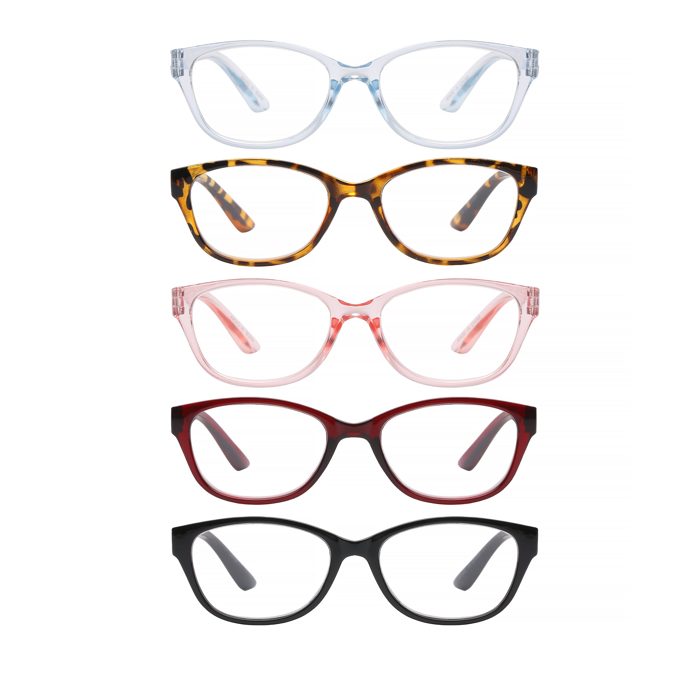 Equate Amanda 5-Pack Womens Plastic Reading Glasses with Case, Tortoise/Blue Crystal/Red Crystal/Black/Pink Crystal, +2.50