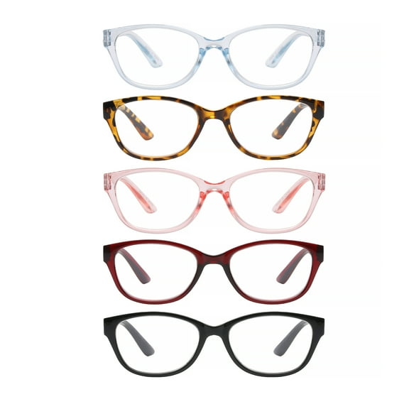 Equate Amanda 5-Pack Womens Plastic Reading Glasses with Case, Tortoise/Blue Crystal/Red Crystal/Black/Pink Crystal, +3.25