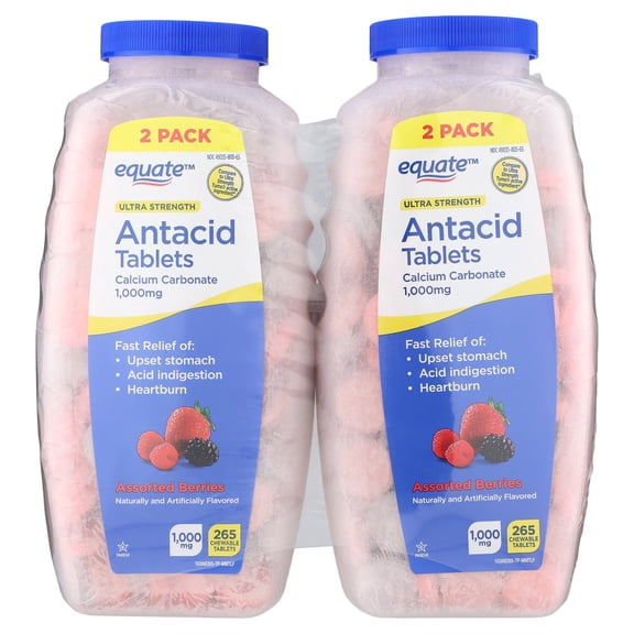 Equate Ultra Strength Calcium Carbonate Antacid Tablets, Assorted Berries, 1000 mg, 265 Count, 2 Pack