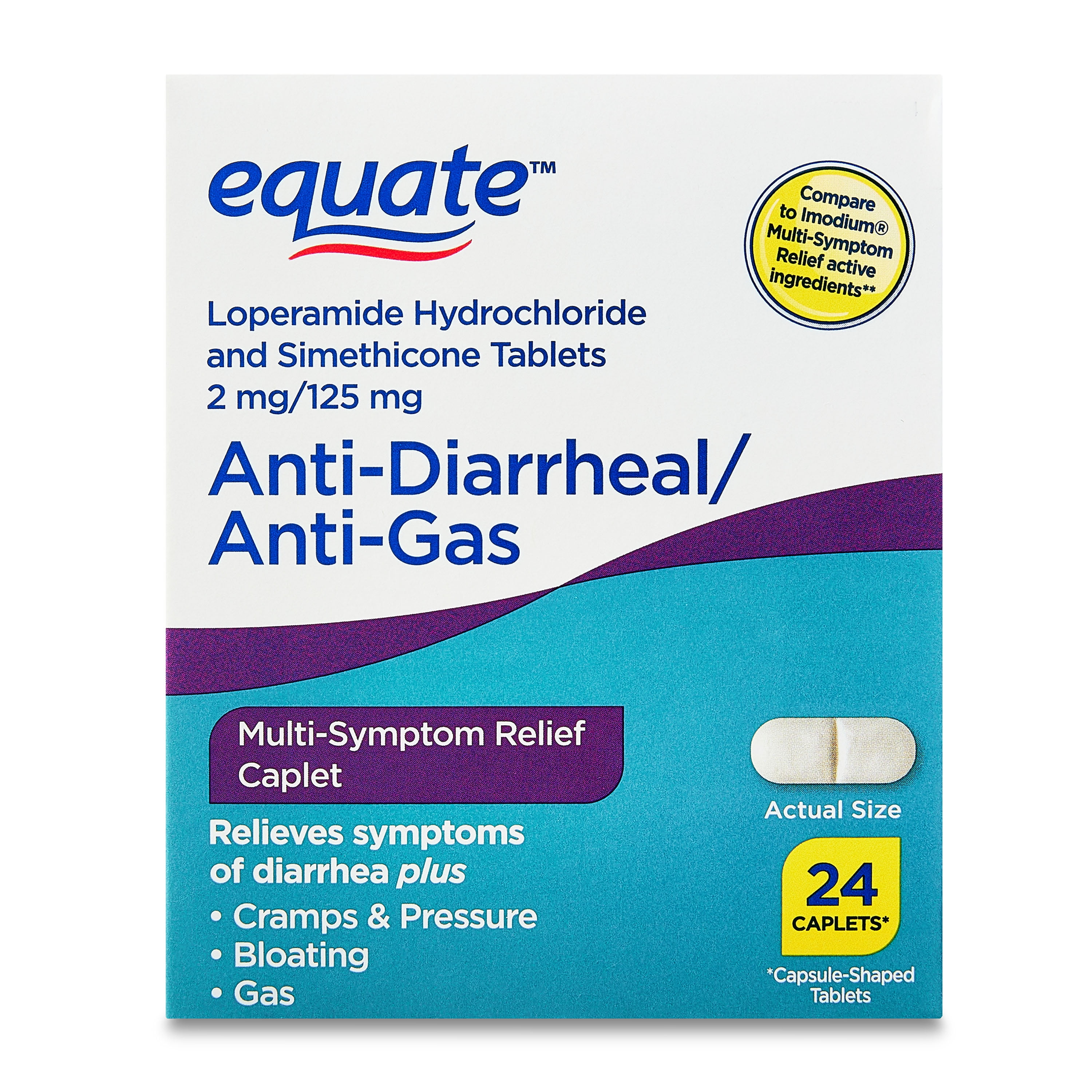 Equate Anti-Diarrheal/Anti-Gas Loperamide HCl & Simethicone Tablets, 2 mg/125 mg, 24 Count