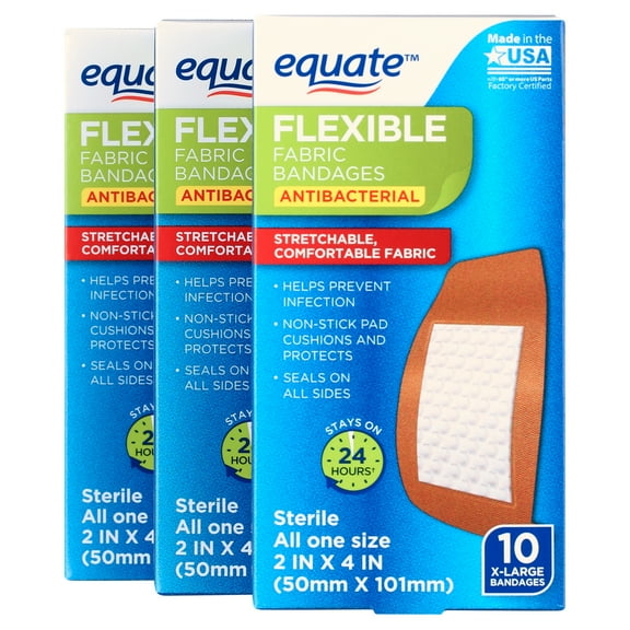 Equate Flexible Fabric Antibacterial XL Bandages, 10 Count