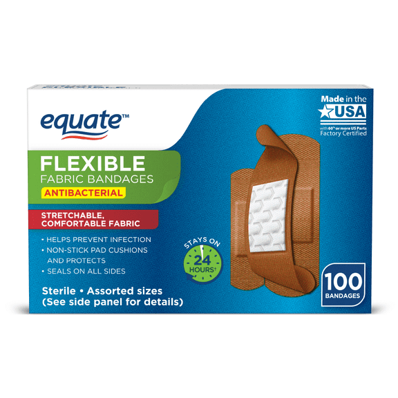 Equate Antibacterial Flexible Fabric Bandages, Coconut, 100 Count
