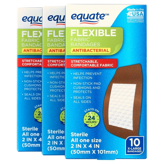 Equate Flexible Fabric Antibacterial XL Bandages, 10 Count (3 Pack)