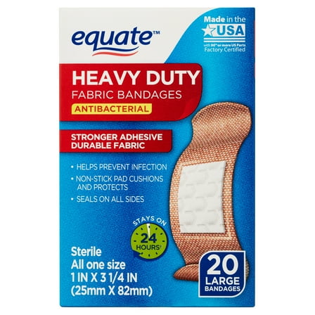Equate Heavy Duty Fabric Antibacterial Bandages, Large, 20 Count