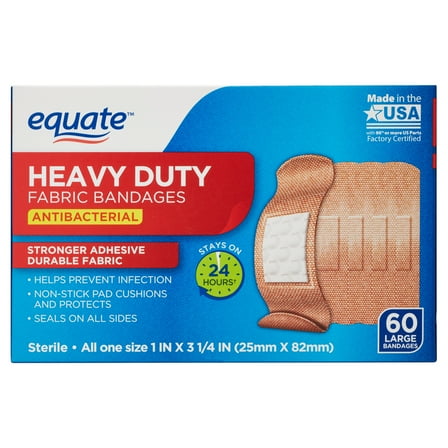 Equate Heavy Duty Fabric Antibacterial Bandages, Large, 60 Count