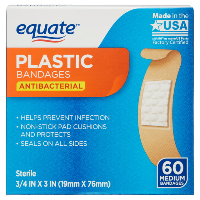 Equate Antibacterial Medium Plastic Bandages, 60 Count