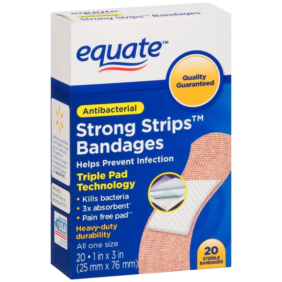 Equate Antibacterial Strong Strips Adhesive Bandages, 20 Ct