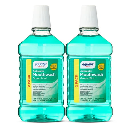Equate Green Mint Antiseptic Mouthwash for Bad Breath & Plaque Oral Care, 1.5L (2 Count), Compare to Listerine® Freshburst® Active Ingredients