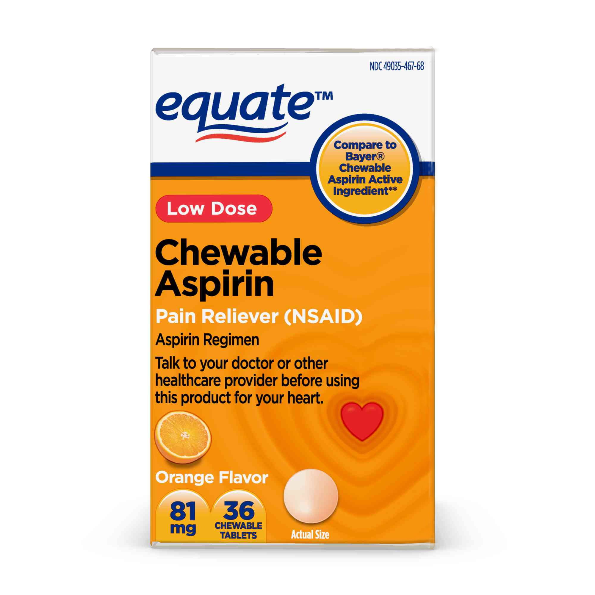 Equate Aspirin 81 mg Pain Reliever (NSAID) Chewable Tablets, Low Dose Aspirin, Orange Flavor, 36